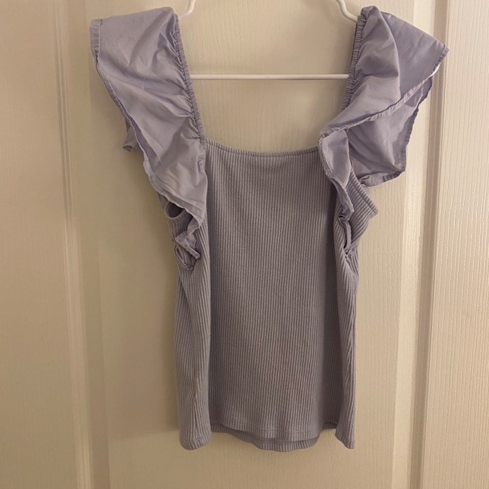 Blue Ruffle Sleeve Ribbed Top - Picture 2 of 2